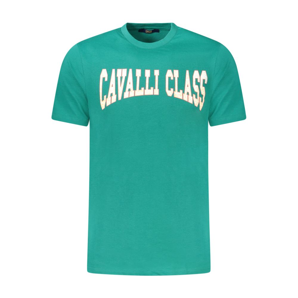 Cavalli Class Green Cotton T-Shirt with Logo Print and Crew Neck