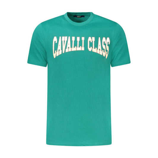 Cavalli Class Green Cotton T-Shirt with short sleeves, crew neck, print, and logo