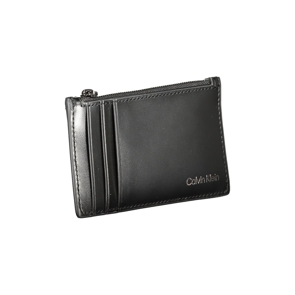 Calvin Klein Black Leather Wallet with card holder, central zip pocket, and logo branding.