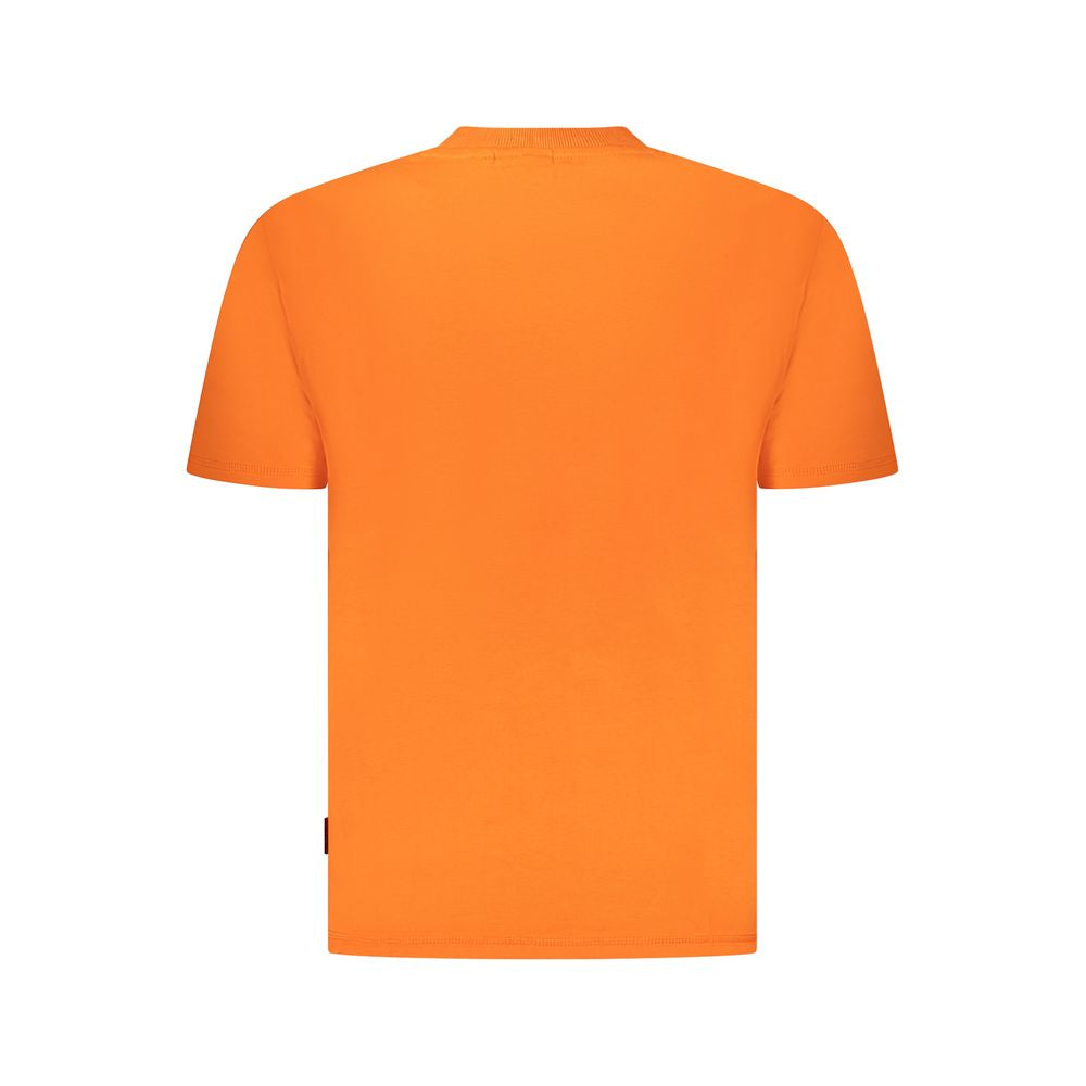 Back view of Napapijri Orange Cotton Men T-Shirt featuring crew neck design and bold orange color.