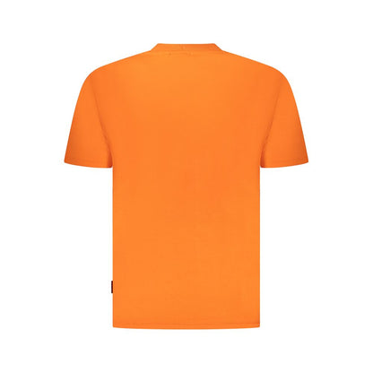 Back view of Napapijri Orange Cotton Men T-Shirt featuring crew neck design and bold orange color.