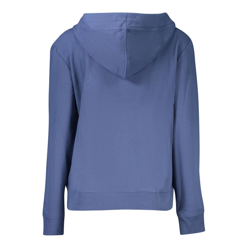 Back view of North Sails Blue Cotton Women Sweater with hood and long sleeves, showcasing modern luxury and embossed print detail.