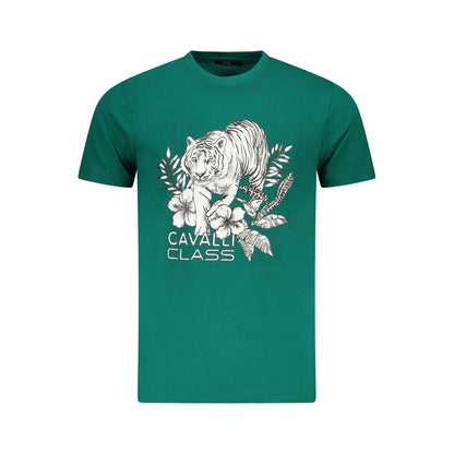 Alt Tag: Cavalli Class Green Cotton Men T-Shirt with logo and tiger graphic on front view.
