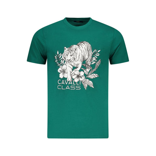 Cavalli Class Green Cotton Men T-Shirt featuring bold logo and tiger design, short-sleeved, contemporary style, premium comfort.