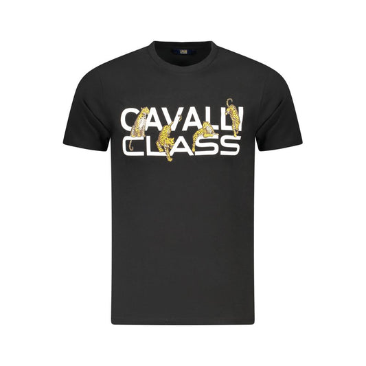 Cavalli Class Black Cotton Men T-Shirt with bold logo print featuring short sleeves and crew neck, made from exquisite cotton.