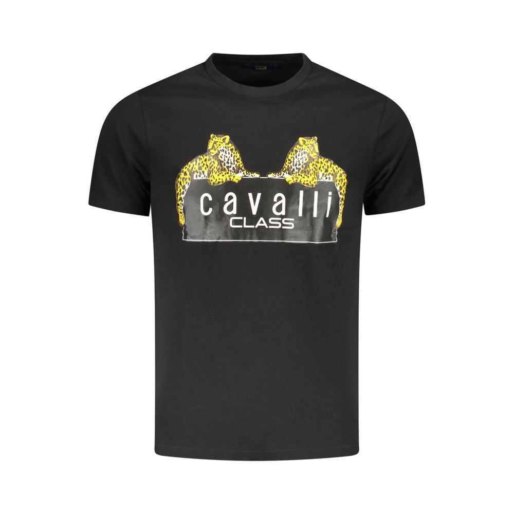 Cavalli Class Black Cotton T-Shirt with logo print, crew neck, and short sleeves - stylish designer apparel.