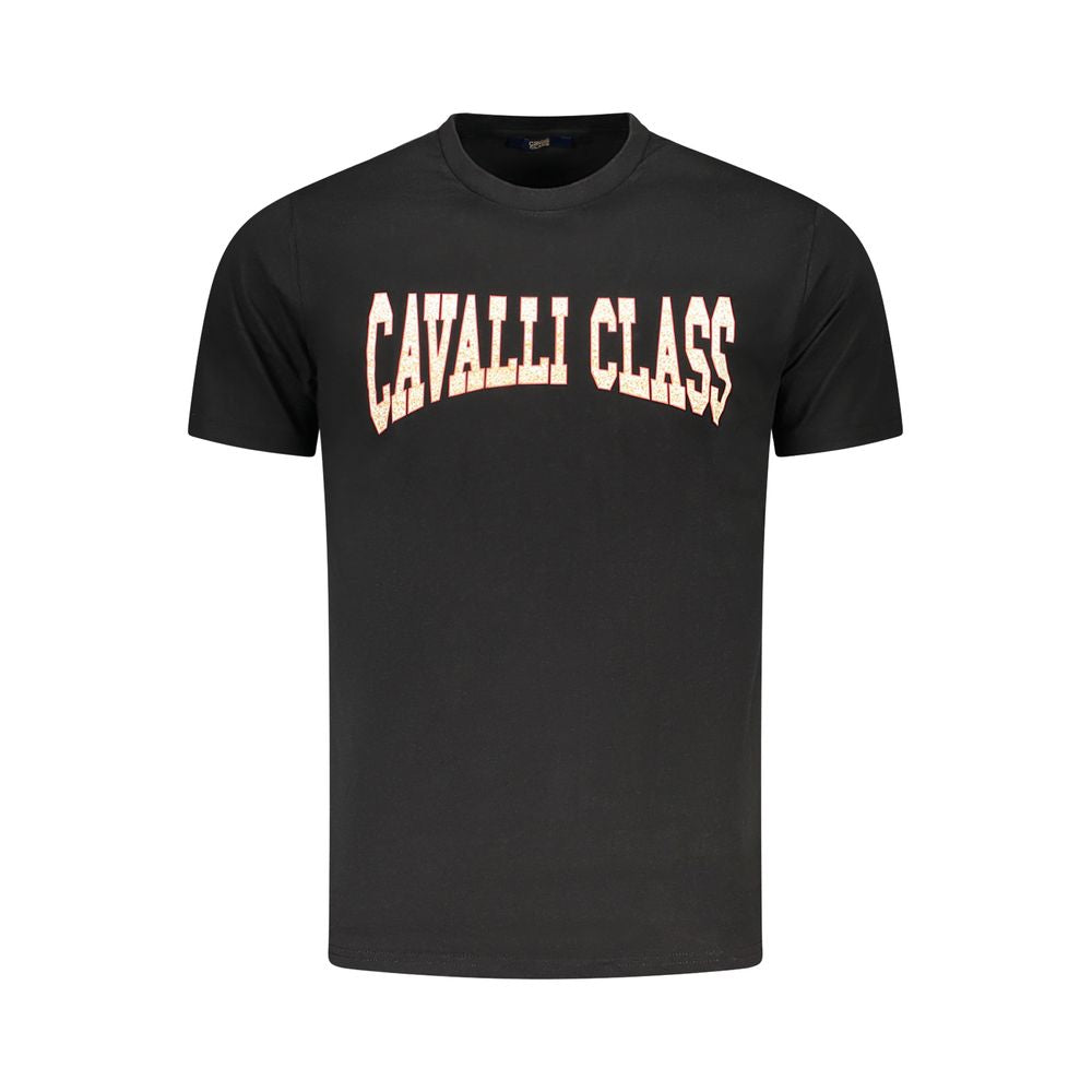 Cavalli Class Black Cotton Men T-Shirt featuring bold logo print, epitome of luxury and style, crafted for comfort and fashion-forward looks.