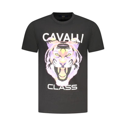 Cavalli Class Black Cotton Men T-Shirt with bold print and iconic logo on front, high-end fashion wear for modern men.