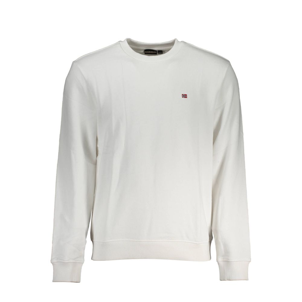 Napapijri White Cotton Men Sweater with embroidered logo, long sleeves, and crew neck design. Regular fit for casual style and comfort.