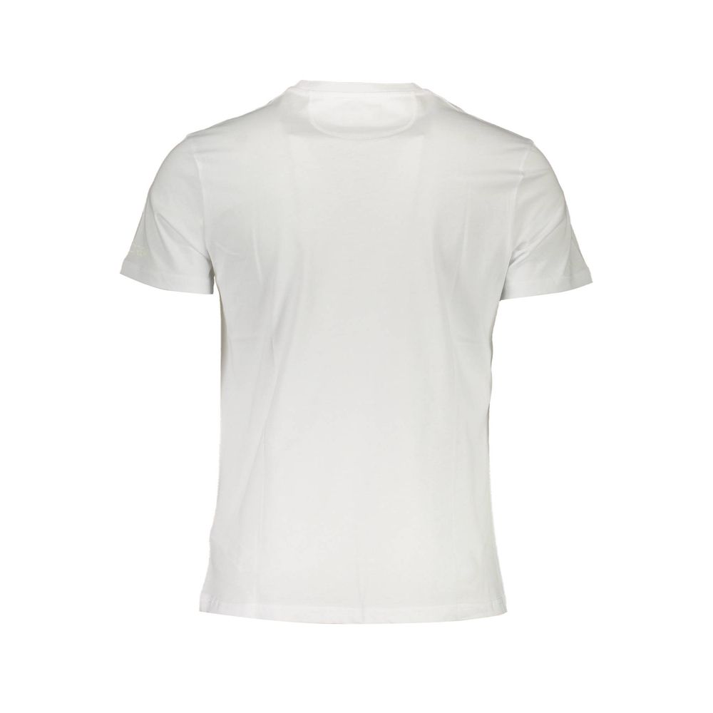 Back view of La Martina White Cotton Men T-Shirt showcasing short sleeves and crew neck in pristine white.