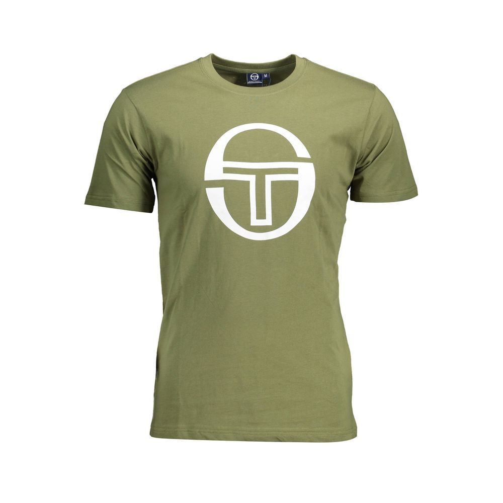 Sergio Tacchini Green Cotton Men T-Shirt with bold print and logo, short-sleeve crew neck, premium cotton for a stylish casual look.