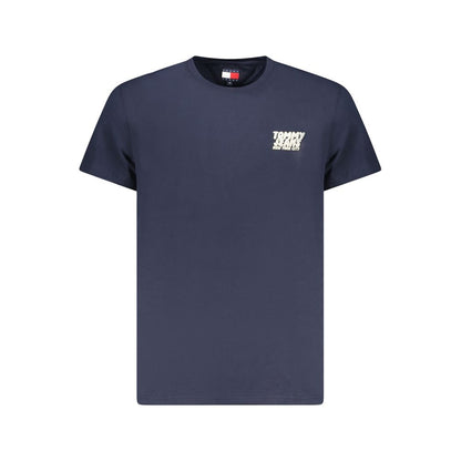 Tommy Hilfiger Blue Cotton Men T-Shirt with logo embroidery on a sustainable short sleeve design.
