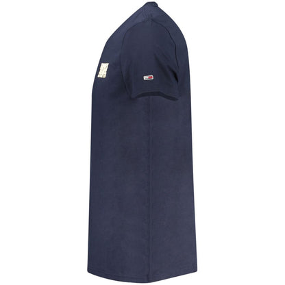 Side view of a Tommy Hilfiger Blue Cotton Men T-Shirt with embroidered logo, showcasing sustainable fashion in a crew neck style.