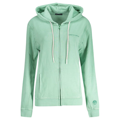 North Sails Green Cotton Women Sweater with hood and zip closure, featuring central pockets and embossed logo print.