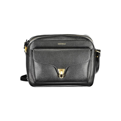 Coccinelle Black Leather Women Handbag with adjustable strap and secure closure, featuring external and internal pockets.