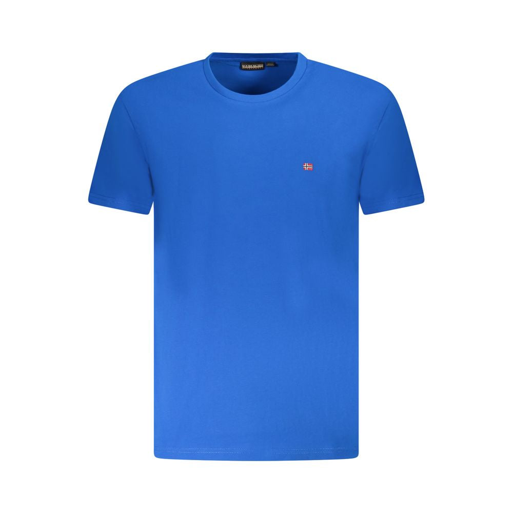 Napapijri Blue Cotton Men T-Shirt, crew neck, regular fit in bright blue, featuring Napapijri logo embroidery.