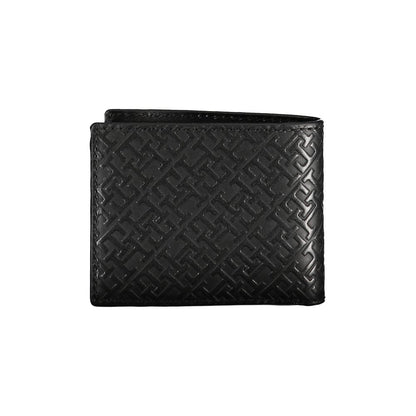 Tommy Hilfiger Elegant Leather Double Card Wallet in black with embossed pattern, perfect for modern men seeking style and practicality.