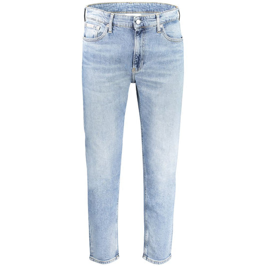 Calvin Klein Blue Cotton Men Jeans with washed effect and eco-friendly 20% recycled cotton, featuring five-pocket design and logo embroidery.