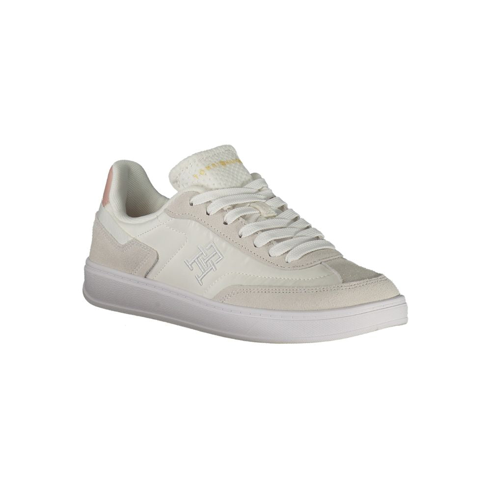 Tommy Hilfiger White Polyethylene Women Sneaker with pink accents and logo embroidery, featuring a stylish design and removable footbed.