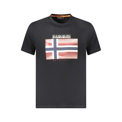 Napapijri Black Cotton Men T-Shirt with logo and flag print, made from 100% organic cotton, featuring classic crew neck style.