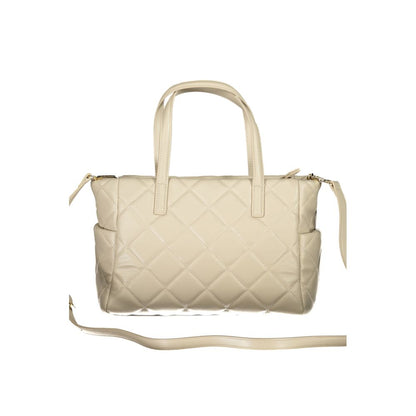 Mario Valentino Beige Polyethylene Handbag with adjustable strap and pockets, featuring contrasting details and logo.