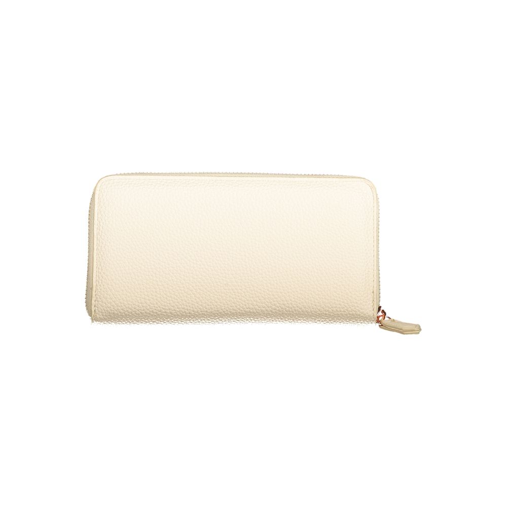 Alt Tag: Mario Valentino Beige Polyethylene Wallet with 6 compartments, coin purse, double card spaces, and zip closure.