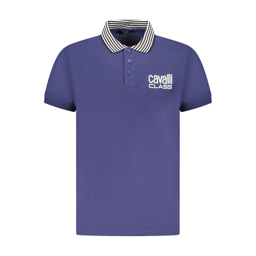 Cavalli Class Blue Cotton Men Polo Shirt with logo and striped collar, offering a refined look and comfort. Ideal for versatile styling.