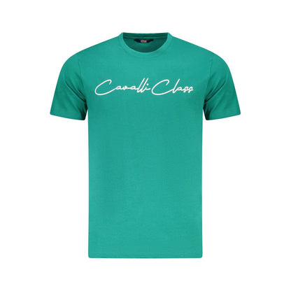 Cavalli Class Green Cotton Men T-Shirt with logo, crew neck, and short sleeves, embodying luxury and contemporary fashion.