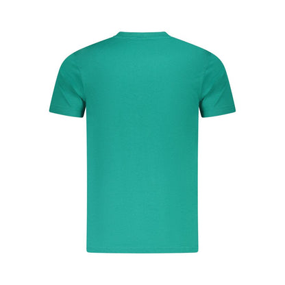 Cavalli Class Green Cotton Men T-Shirt with crew neck and short sleeves, featuring a bold emblem and logo for a luxury fashion statement.