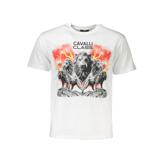Cavalli Class White Cotton Men T-Shirt with lion print and logo, premium casual wear for stylish comfort.