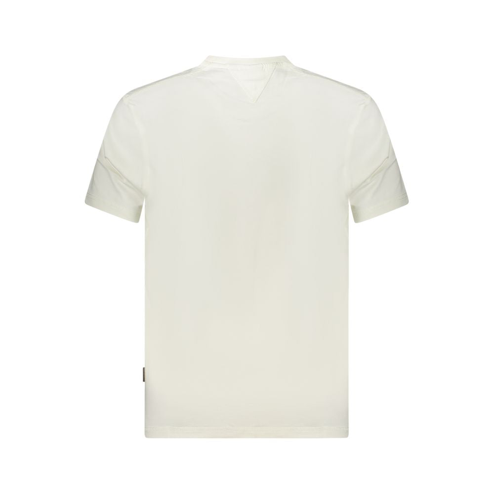 Back view of Napapijri White Cotton Men T-Shirt showcasing short sleeves and crisp white organic cotton fabric.