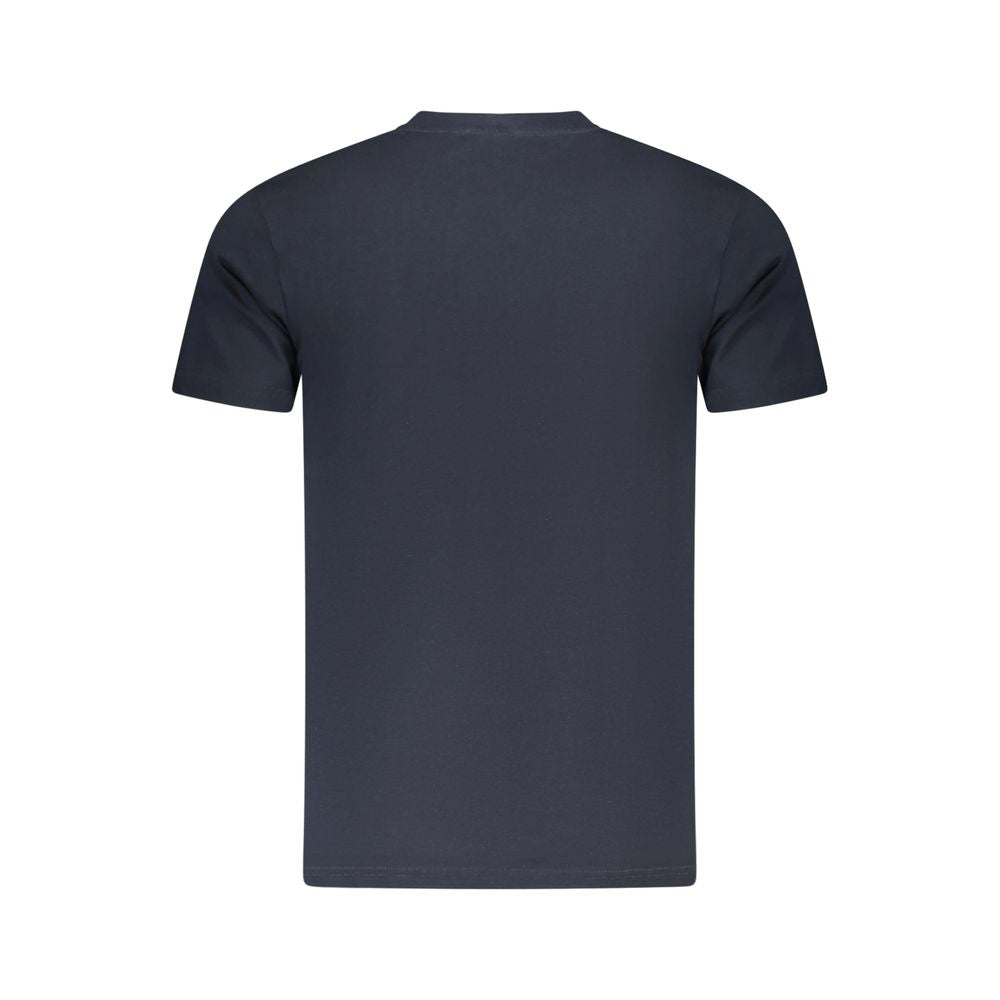 Back view of Cavalli Class Blue Cotton Men T-Shirt showcasing short sleeves and soft fabric.
