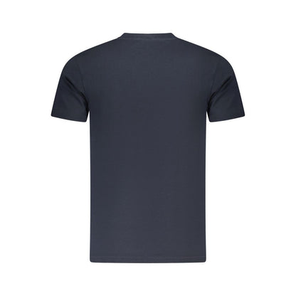 Back view of Cavalli Class Blue Cotton Men T-Shirt showcasing short sleeves and soft fabric.