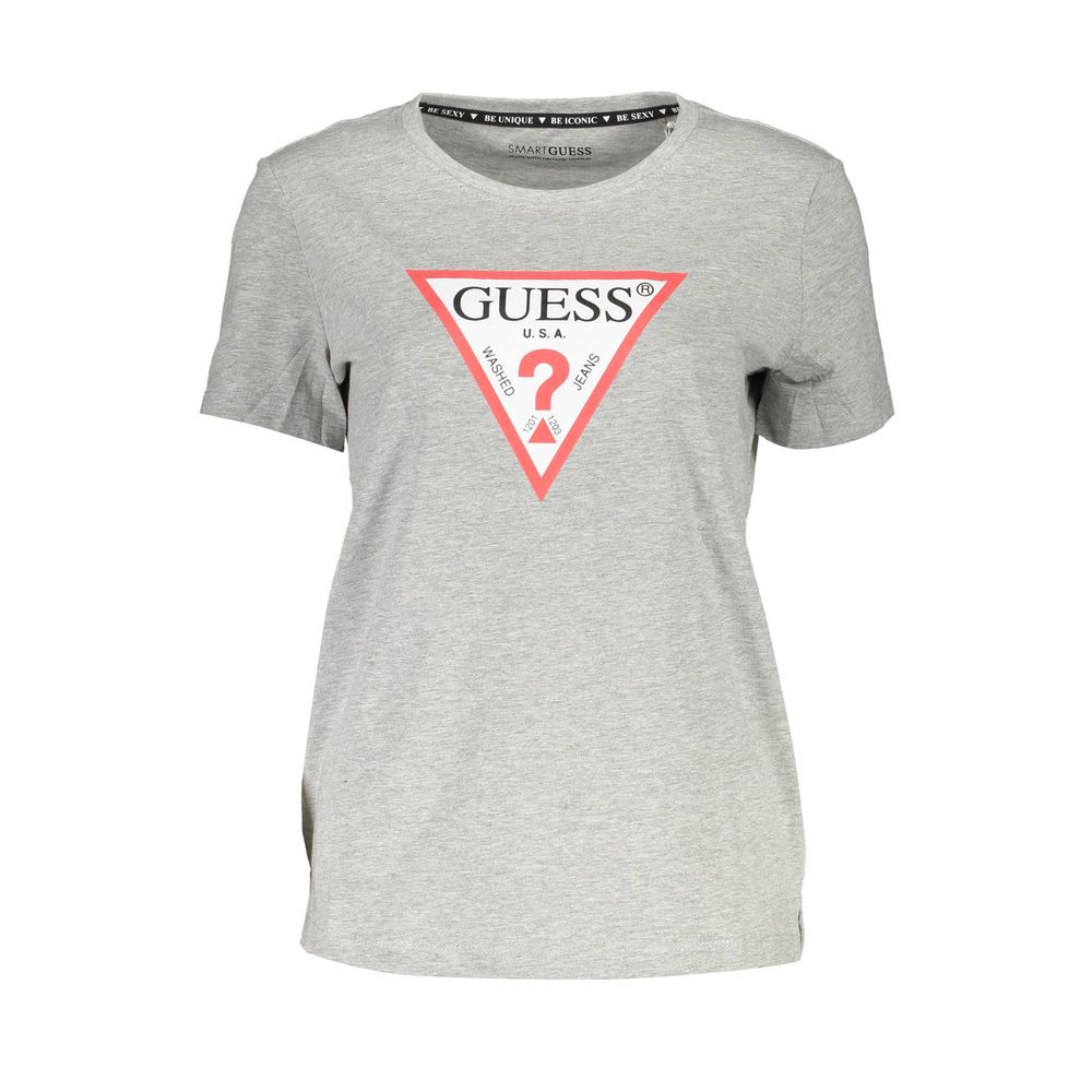 Guess Jeans Gray Cotton Women T-Shirt with logo print, crew neck, soft cotton-viscose blend, sustainable fashion choice.