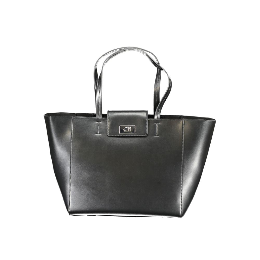 Calvin Klein Black Polyester Handbag with shoulder handles, snap closure, internal pocket, and logo detailing.