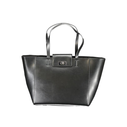 Calvin Klein Black Polyester Handbag with shoulder handles, snap closure, internal pocket, and logo detailing.
