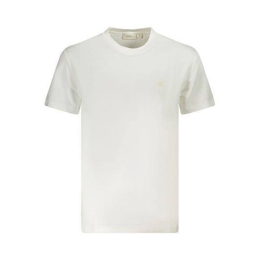 Calvin Klein White Cotton Men T-Shirt with bold logo print, crafted from high-quality regenerative cotton for casual elegance.