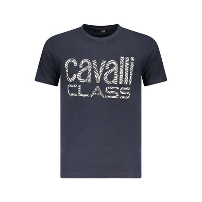 Cavalli Class Blue Cotton Men T-Shirt with bold logo on front, short sleeves, and crew neck for luxury fashion statement.