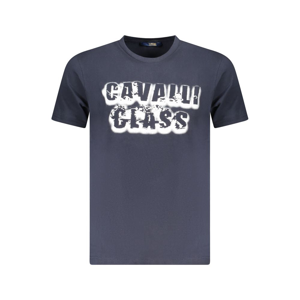 Cavalli Class Blue Cotton Men T-Shirt with bold logo print, showcasing luxury fashion in premium cotton material, ideal for casual chic style.
