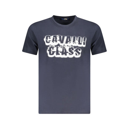 Cavalli Class Blue Cotton Men T-Shirt with bold logo print, showcasing luxury fashion in premium cotton material, ideal for casual chic style.