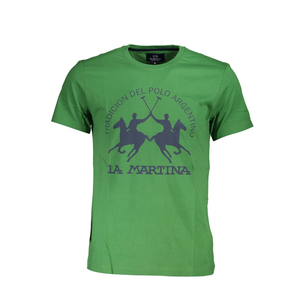 La Martina Green Cotton Men T-Shirt with signature polo print and logo on front, short sleeve crew neck, casual fashion staple.