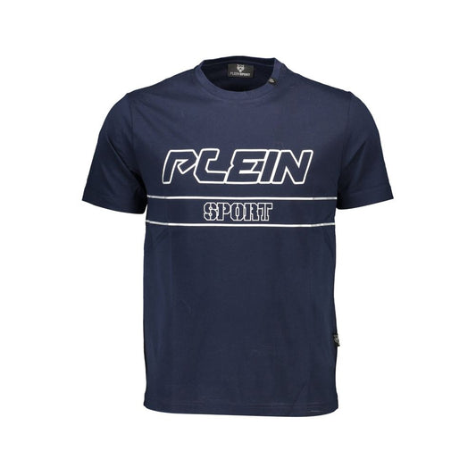 Plein Sport Blue Cotton Men T-Shirt with logo and bold print, short sleeves, crew neck, premium casual style for athletic fashion.