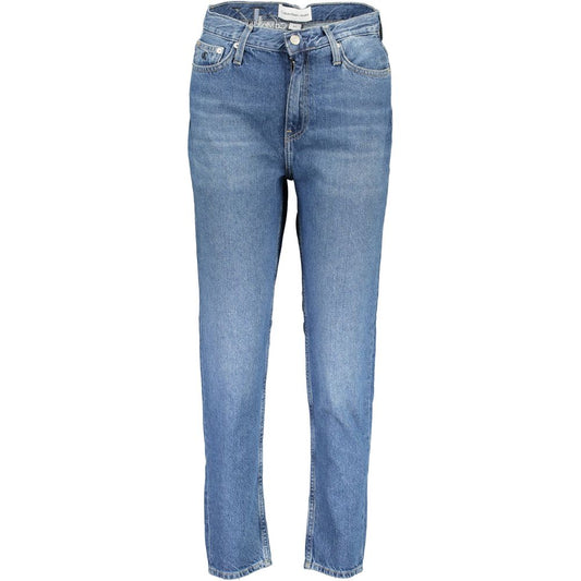 Calvin Klein Blue Cotton Women Jeans with high-waist, faded effect, embroidery, and 5-pocket design made from 20% recycled cotton.