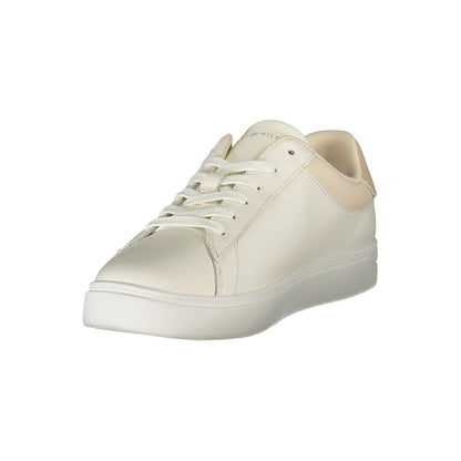 Tommy Hilfiger Beige Leather Women Sneaker with sleek design and contrasting details, ideal for fashion-forward individuals.