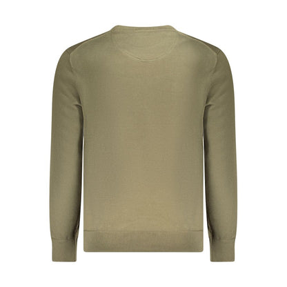 Timberland Green Cotton Men Sweater with crew neck, featuring a vivid green hue and bold embroidery logo on the back view.