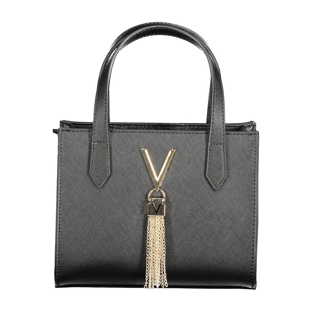Mario Valentino Black Polyethylene Women Handbag with gold accents and chain tassel, featuring dual handles, and a chic silhouette.