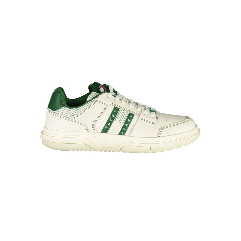 Side view of Tommy Hilfiger Green Leather Men Sneaker with white sole and green accents, showcasing modern design and style.