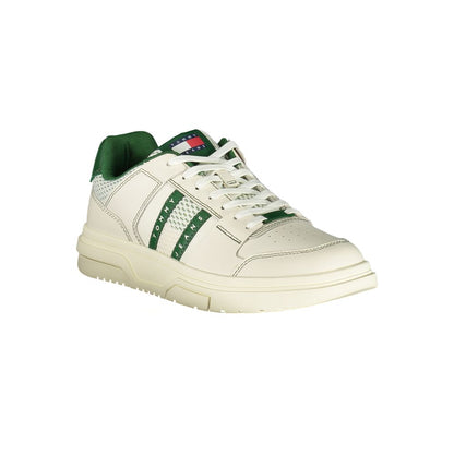 Tommy Hilfiger Green Leather Men Sneaker with contrasting green accents and comfortable removable insole, showcasing high-fashion design.