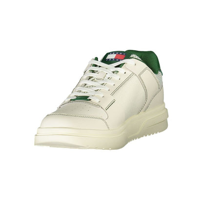 Tommy Hilfiger Green Leather Men Sneaker with removable insole, features white and green design for stylish functionality.