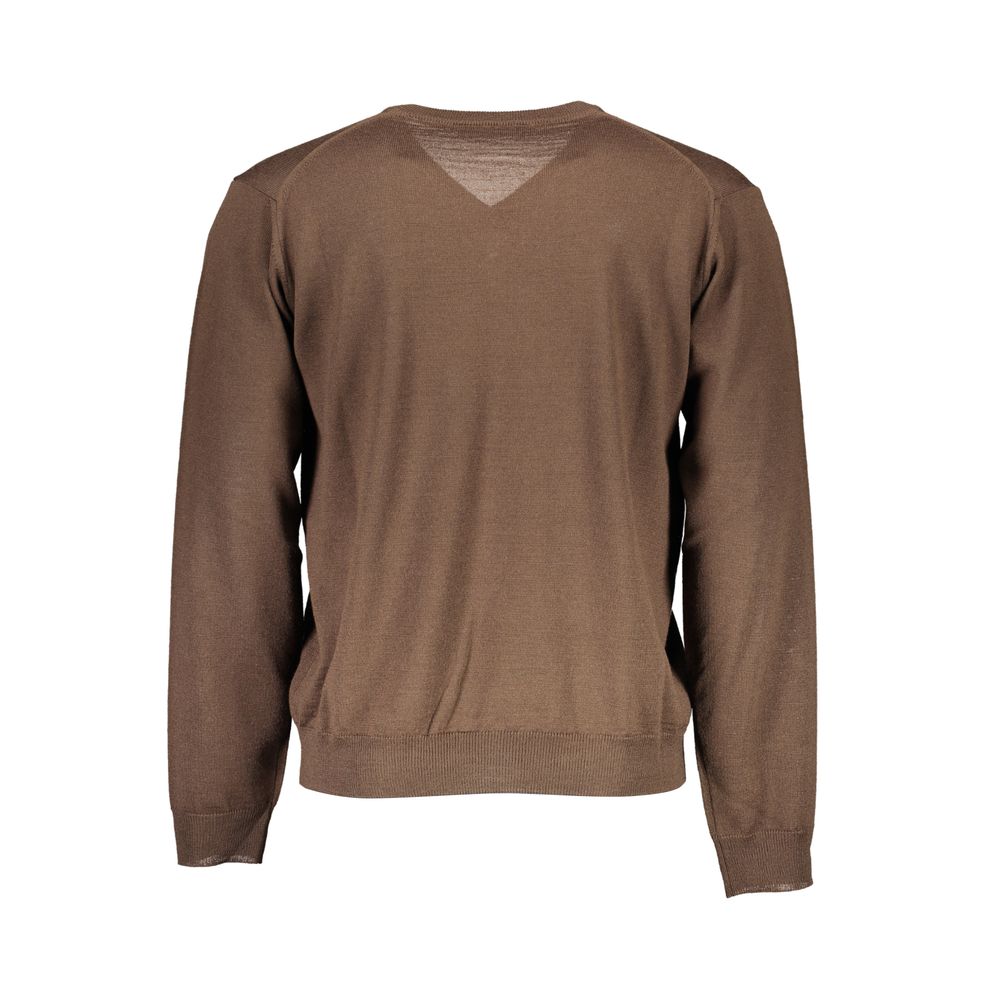 Back view of Romeo Gigli Brown Wool Men Sweater, showcasing the V-neck design and luxurious Italian craftsmanship.